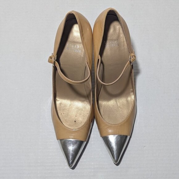 Stuart Weitzman Nude Heels Silver Toe Sz 10 Block heel - Picture 1 of 13